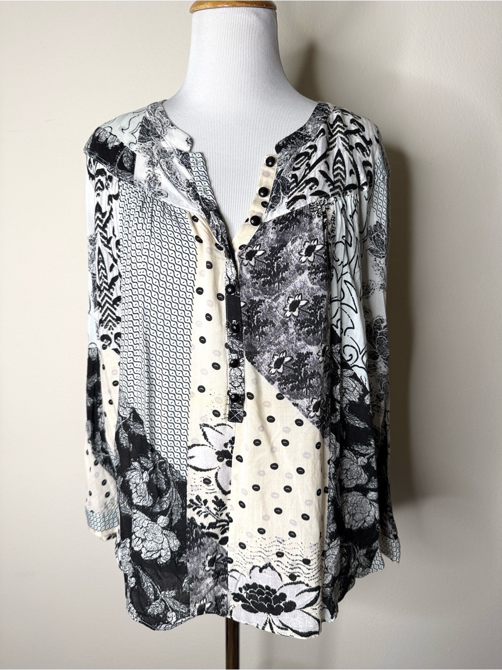 Mauve Anthropologie Blue and Black Bohemian Linden Patchwork Blouse